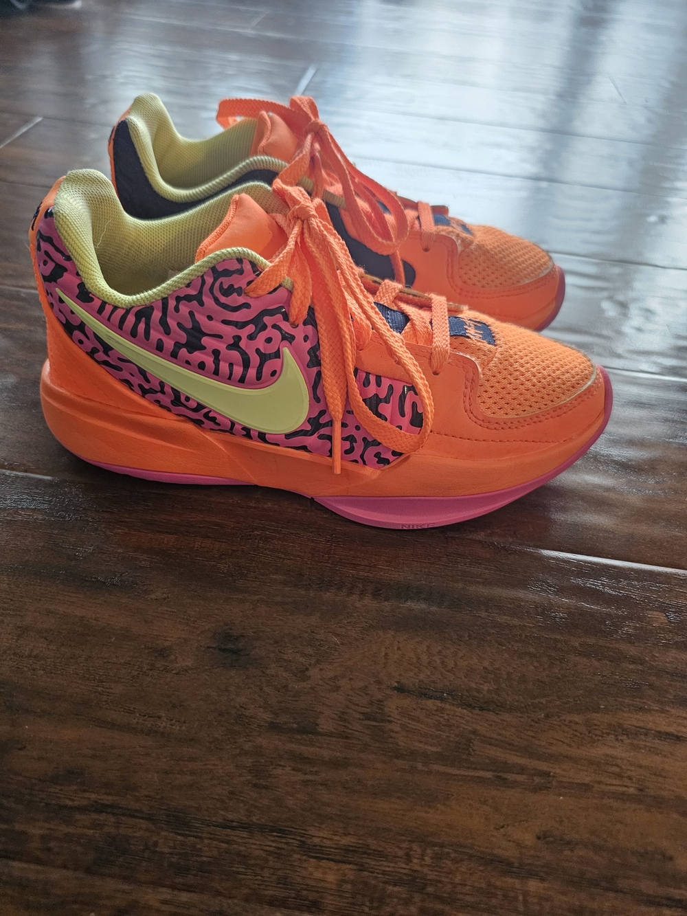 Nike Bright Orange & Pink Kids Sneakers with Yellow Swoosh